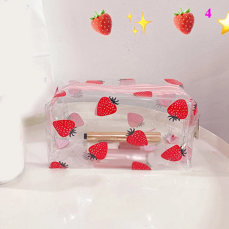 

Cute Cartoon Pvc Cosmetic Bag Transparent Strawberry Printing Pink Clear Cosmetic Bags Makeup Toiletry Bag, As picture