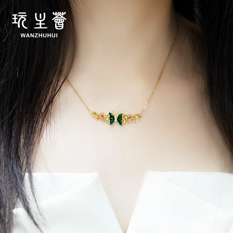 

Womens 18k pure gold jade butterfly necklace