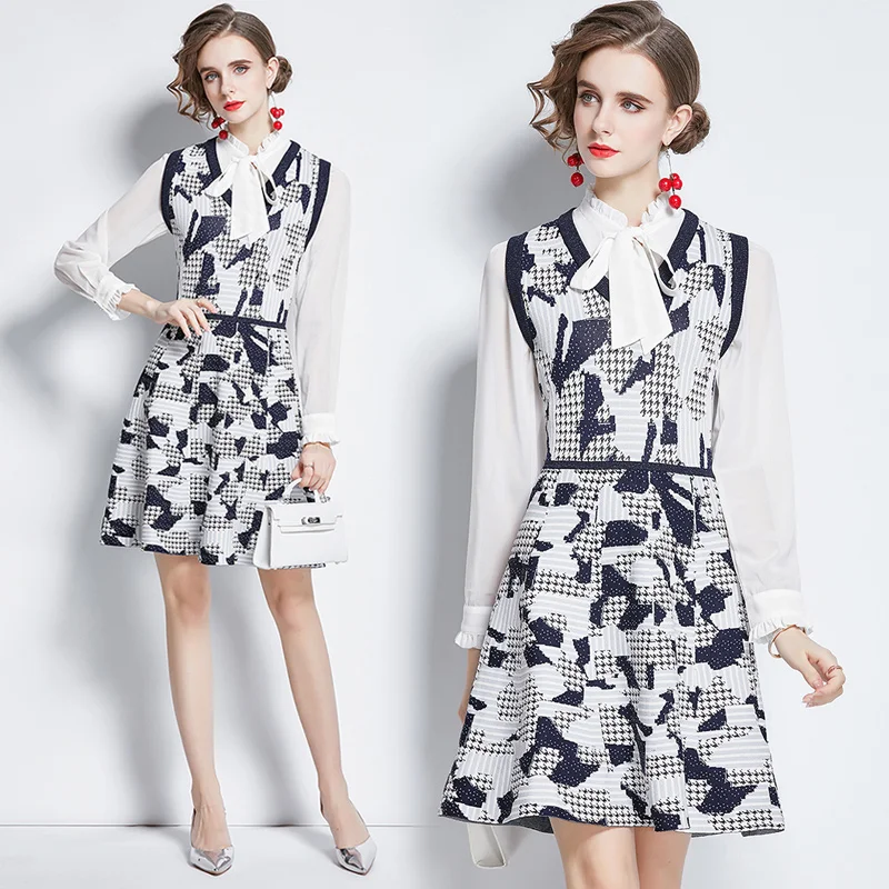 

2021 Autumn Knitted Mid-length Skirt Women Stand-up Collar Bow Goose Down waist slimming long Sleeve Dress Women