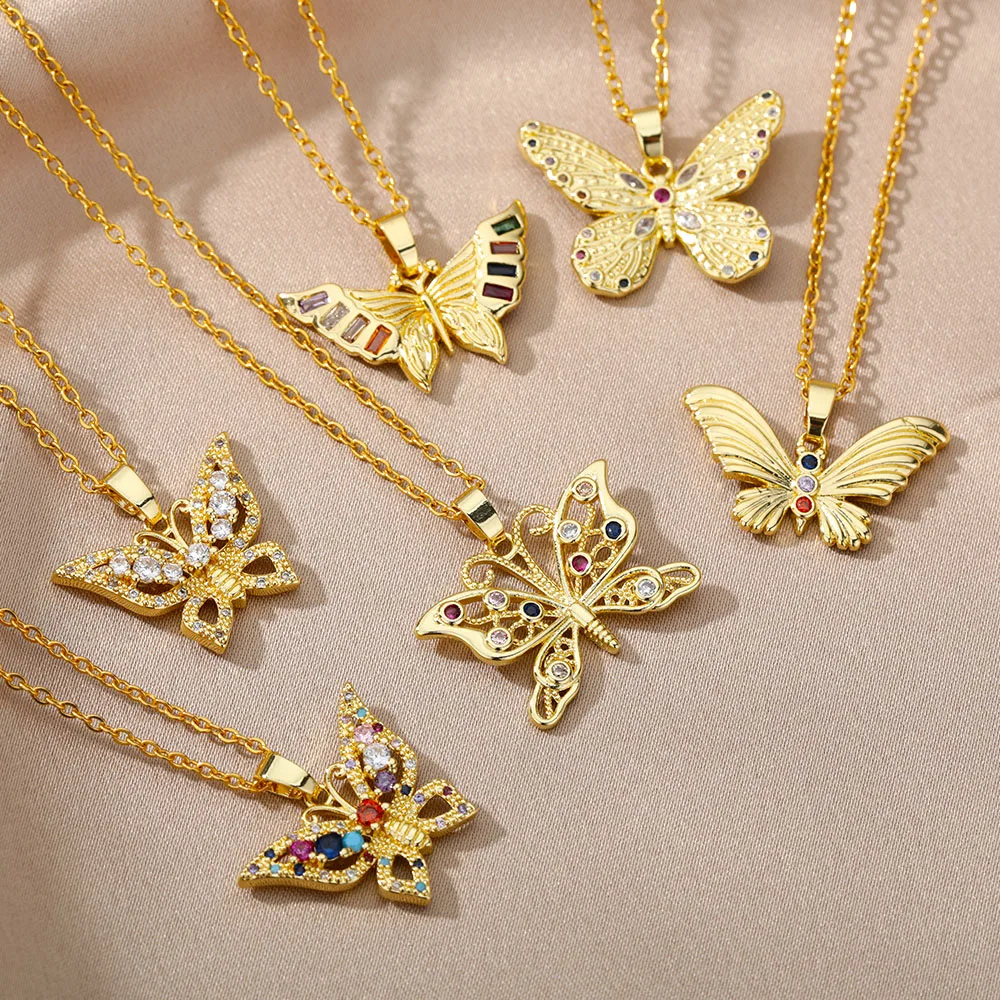 

Gold Colorful Zircon Butterfly Necklace For Women Exquisite Gold Butterfly Pendant Chain Neck Female Wedding Party Jewelry