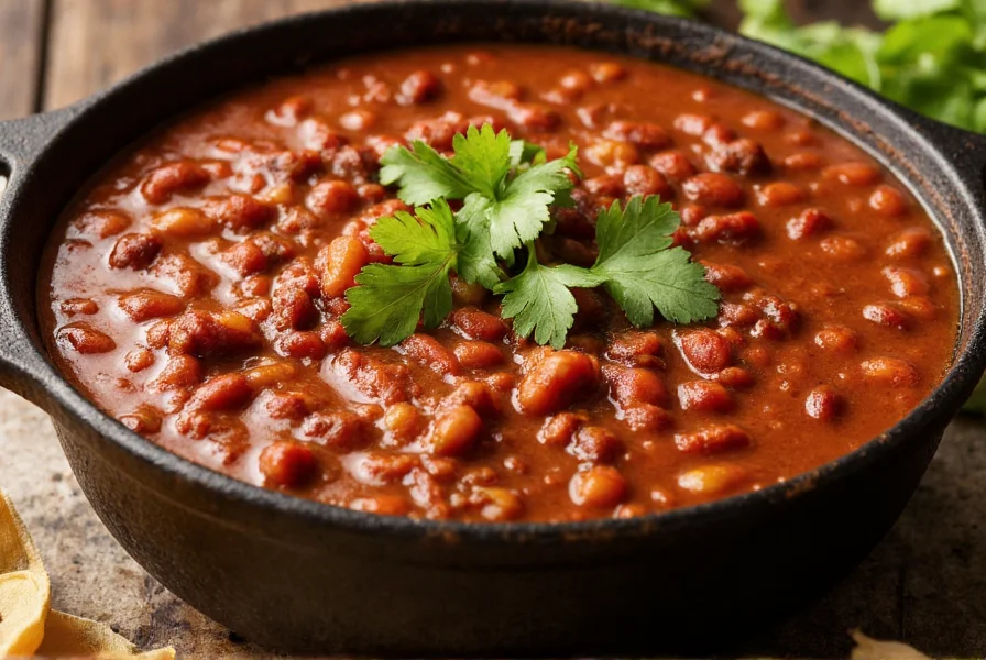 Authentic Texas-style chili without beans served in a cast iron pot with fresh cilantro garnish