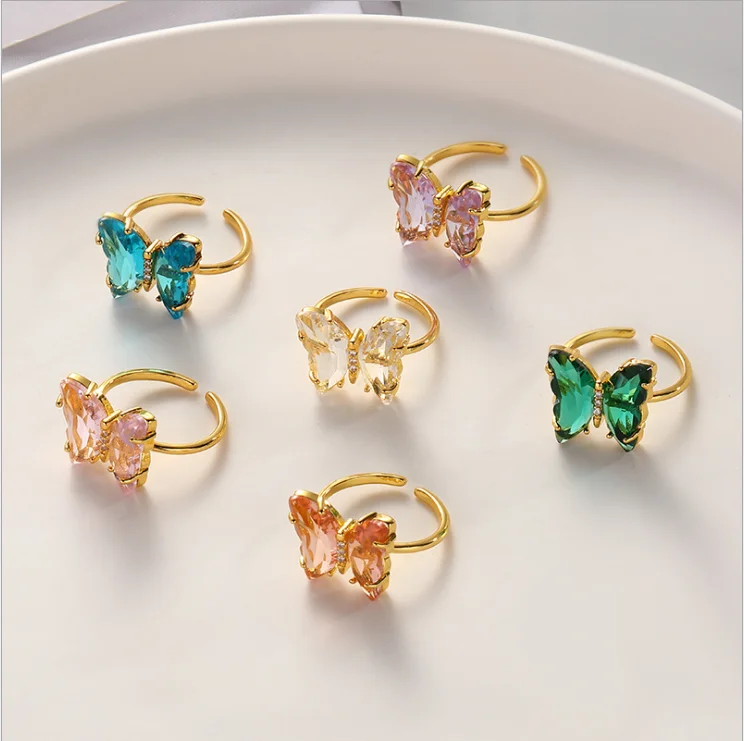 

2021 Best selling adjustable colorful glass butterfly ring jewelry dainty butterfly open belly rings, As the picture