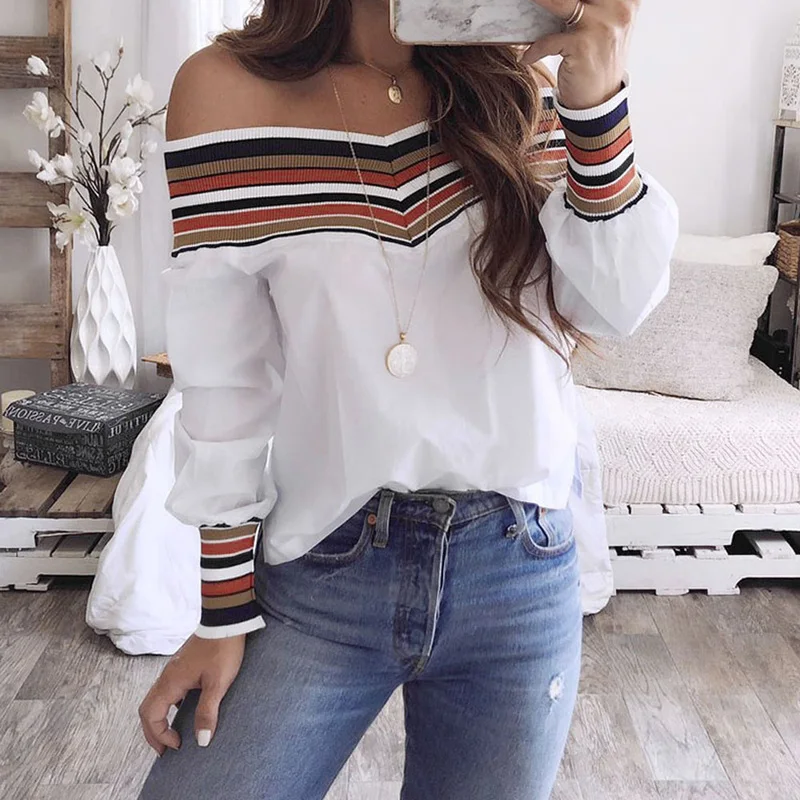 

Women Casual Multicolor Long Sleeve Off Shoulder Top Blouse long-sleeved shirt with bands cuffs for sexy ladies