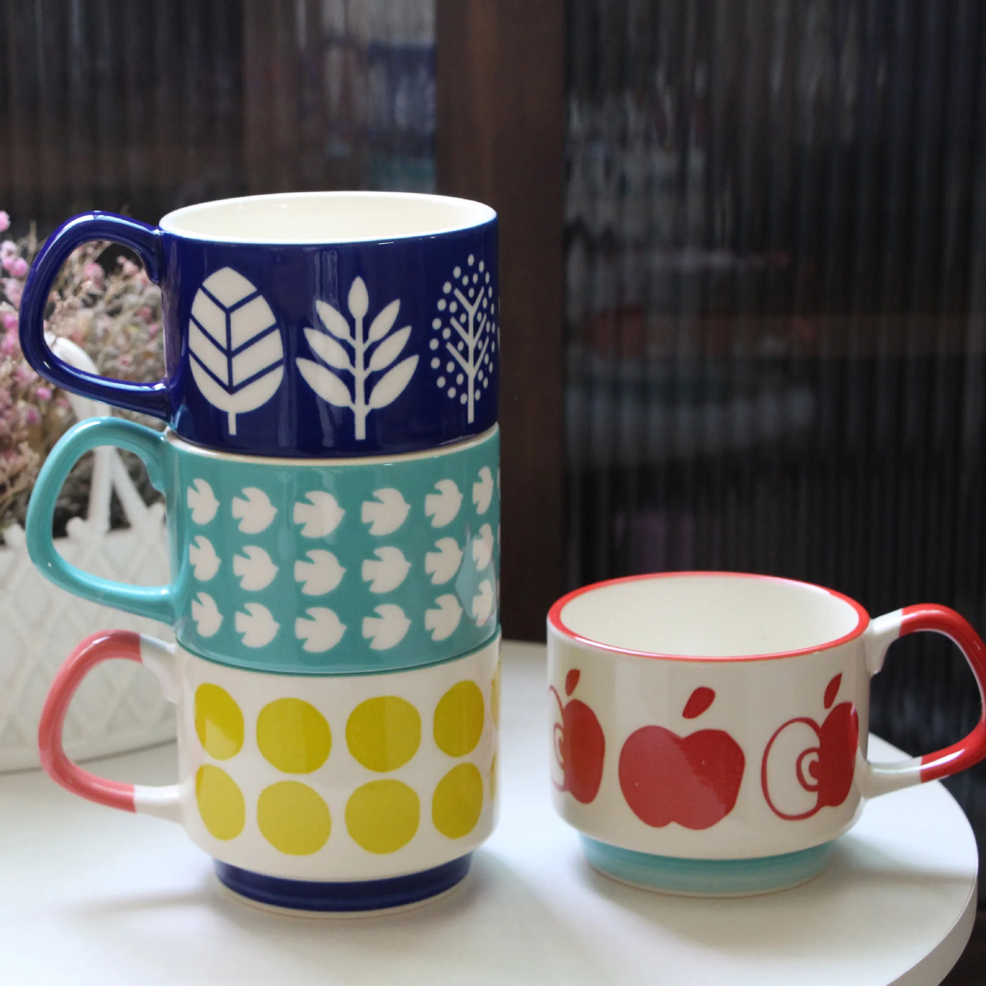 

Madou Retro Style Breakfast Ceramic Custom Dessert Cup Coffee Mug Stackable Ceramic Coffee Cups, As picture/customized