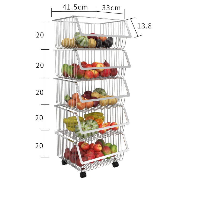 

Multi-layer Floor Fruit Vegetable Storage Basket Stainless Steel Bathroom Bedroom Toys Storage Rack Kitchen Organizer, Silver