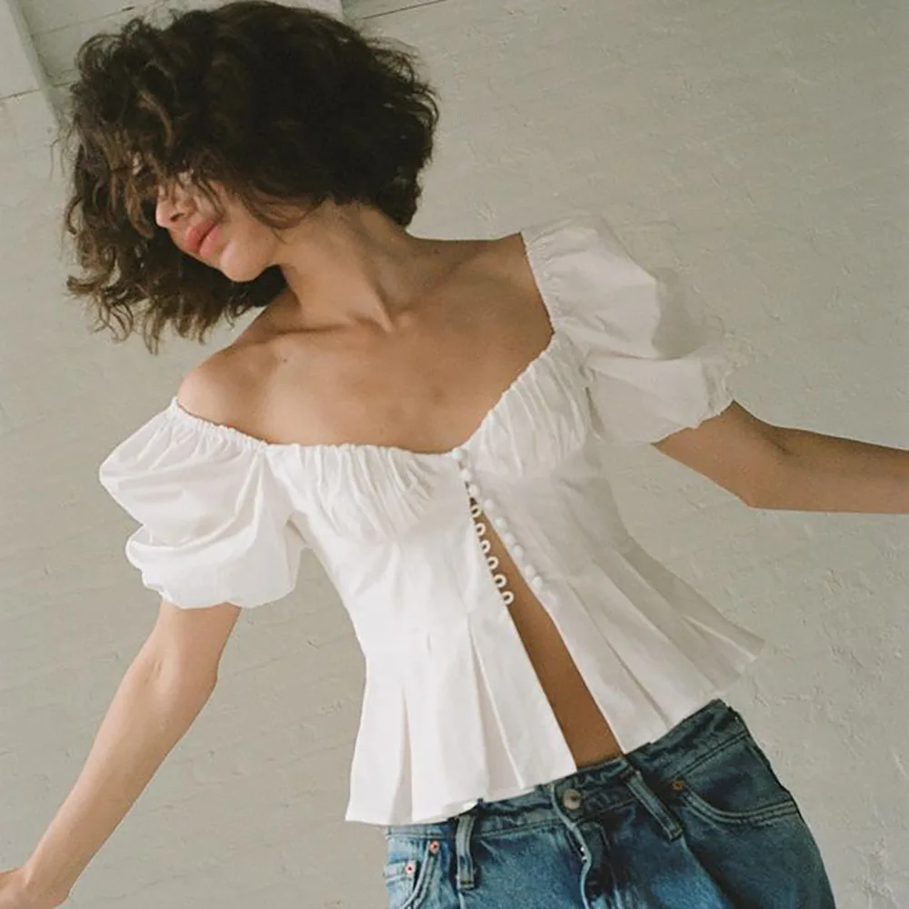 

TP0146 2021 Summer New Style Hollow Out Puff Sleeve White Spagetti Strap Sexy Crop Top Women Blouse