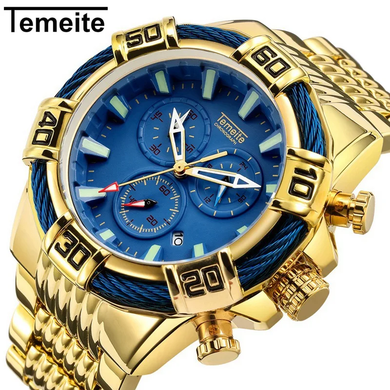 

TEMEITE 025G elegance blue man quartz watch nice Stainless steel band Waterproof 24 hour Chronograph auto date running watch set