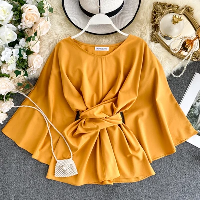 

A609 Hot sale women trumpet sleeve bandage blouse tops