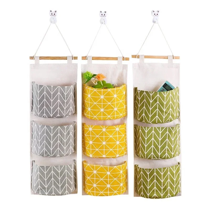 

Folding Linen Wall Hanging Storage Bag 3 Grids Pocket Wardrobe Organizer Sundries Jewelry Toy Container, Yellow,green,black,white,multicolor,light gray,gray