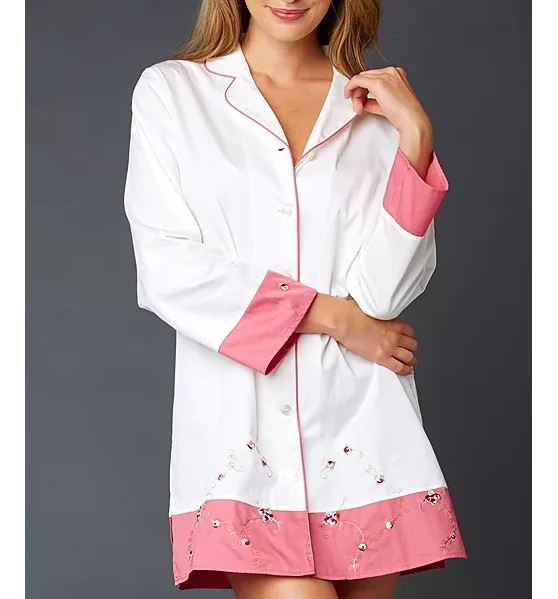 

Long Sleeves Women Pajama Sleepwear Embroidery Sleeping Robe, White, pink, navy, black, orcustomized color