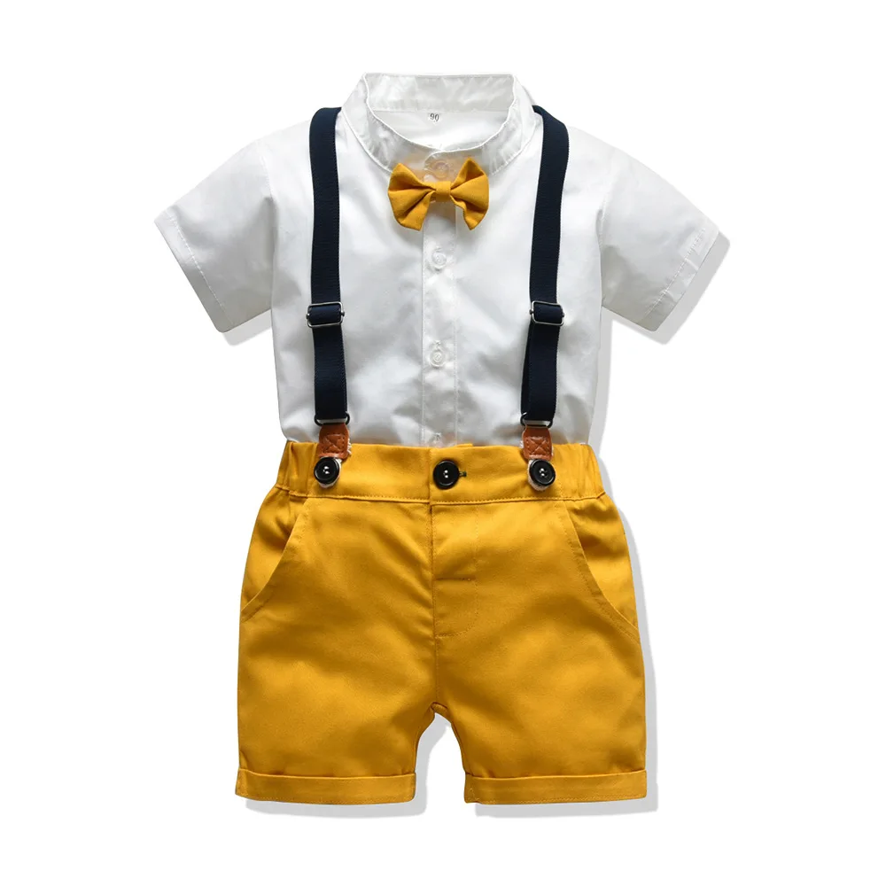 

new design Yellow 2019 Summer British Boys Wear New Short Sleeve White Shirt Kids Gentleman Set, As pic