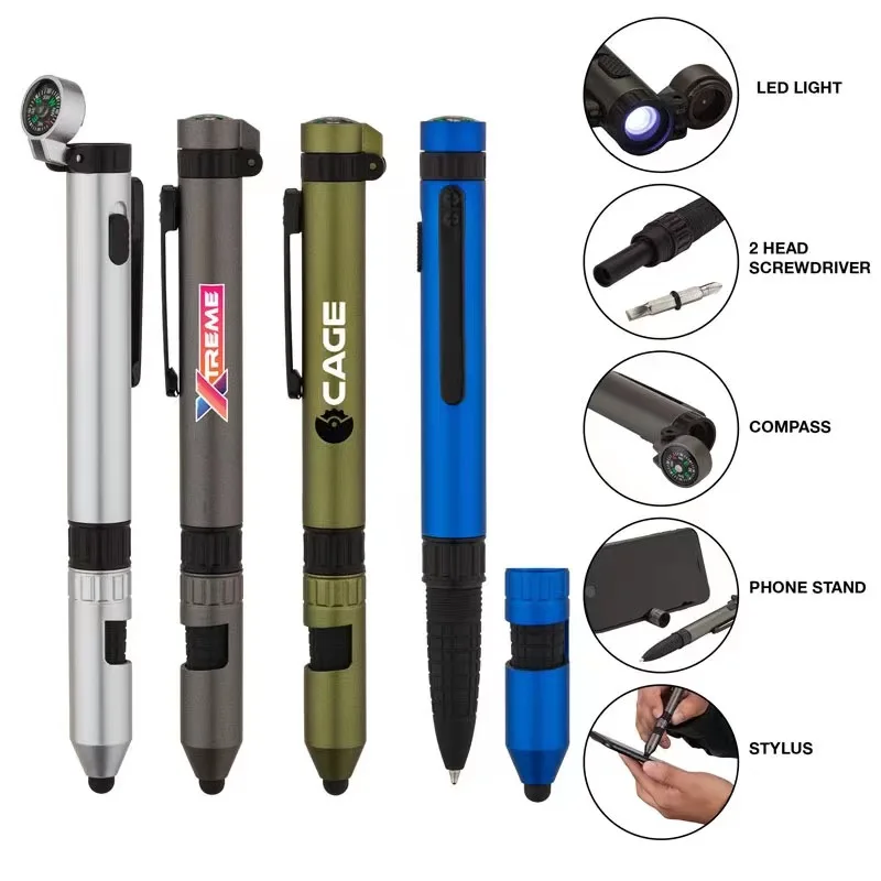 

Hotselling Fancy design multifunction 6 in 1 Phone holder Stylus Compass LED light TOOL pen for Outdoor activities