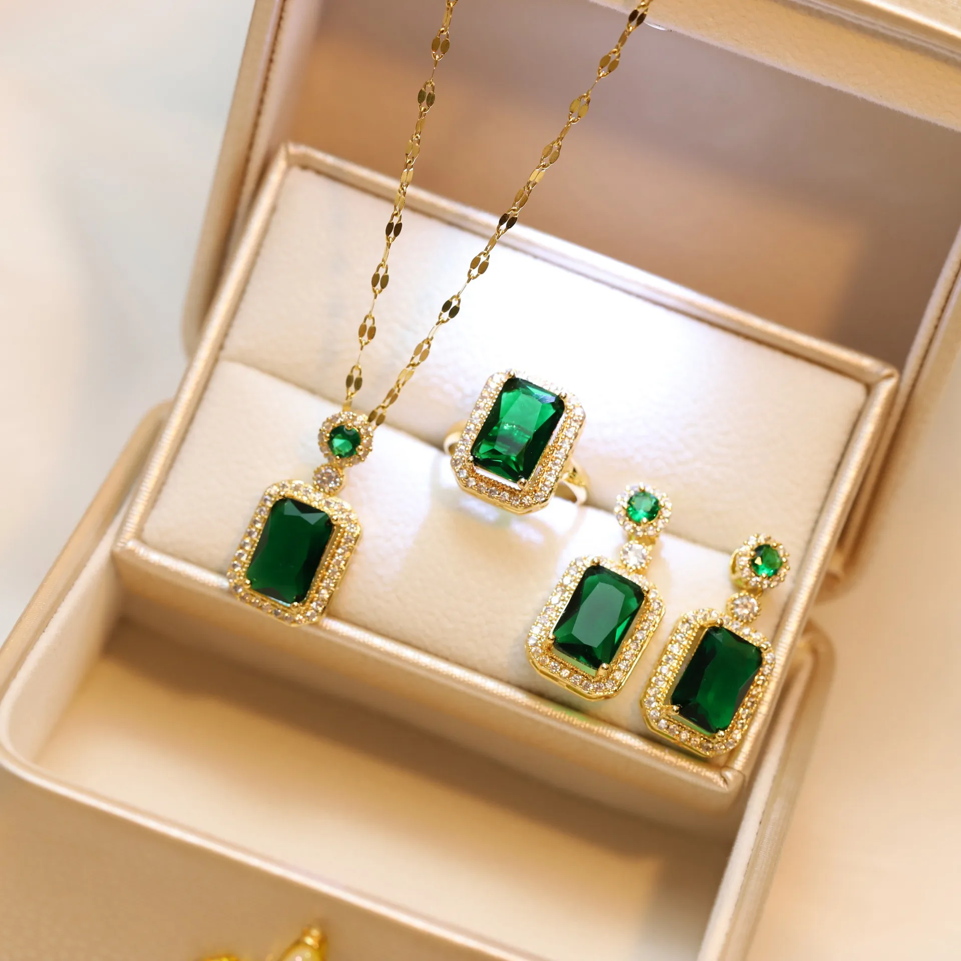 

18k Gold Plated Stainless Steel Necklace Earrings Ring Set Rectangle Emerald Cut Green Gemstone Diamond Zirconia Jewelry Set