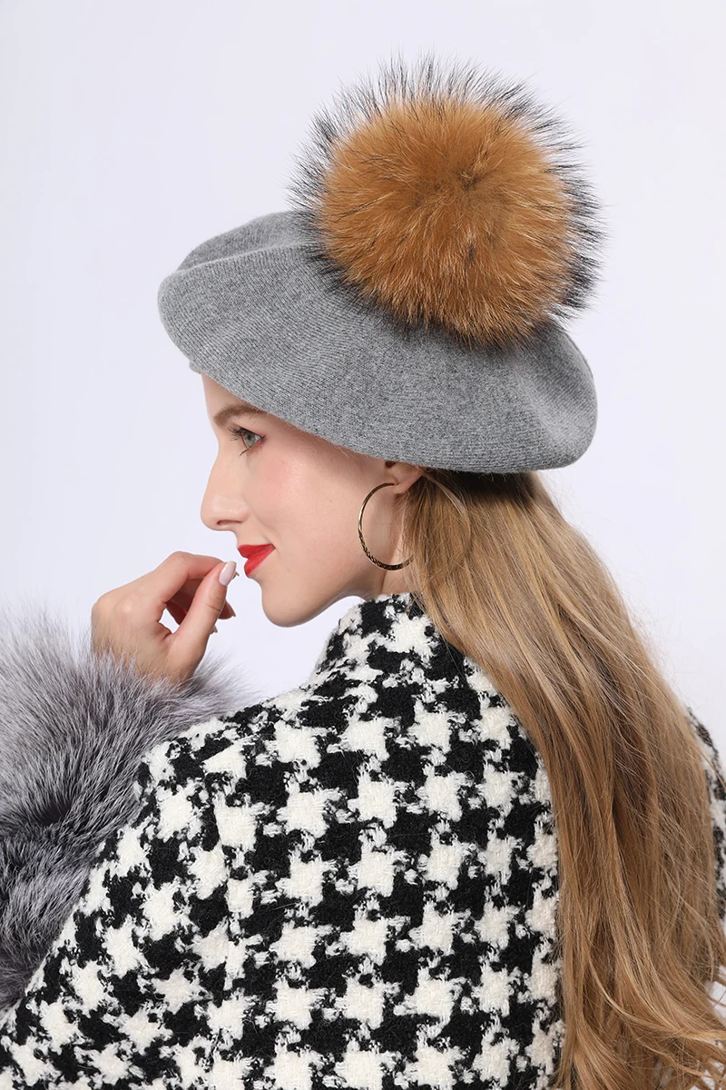 法国风格优雅的实心女士定制angora针织贝雷帽,配顶级毛球