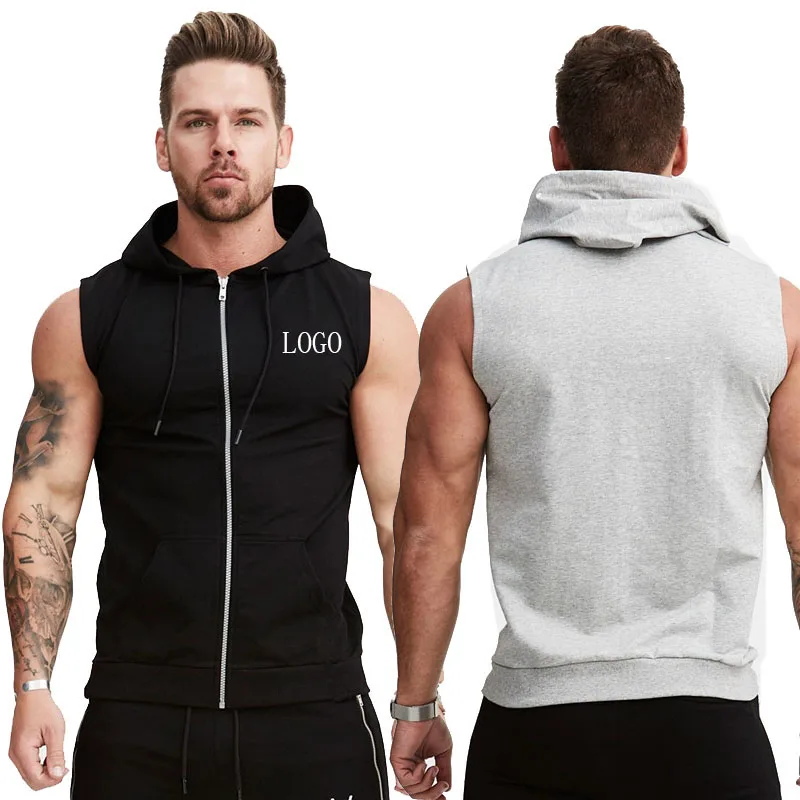 

Summer Sustainable Quick Drying Cotton Tracksuit Tank Gym Men's Muscle Fitness Breathable Hoodie Vests, As picture