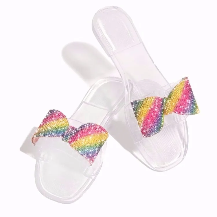 

New fashion for summer colored bows transparent soles lady's flat slippers, White