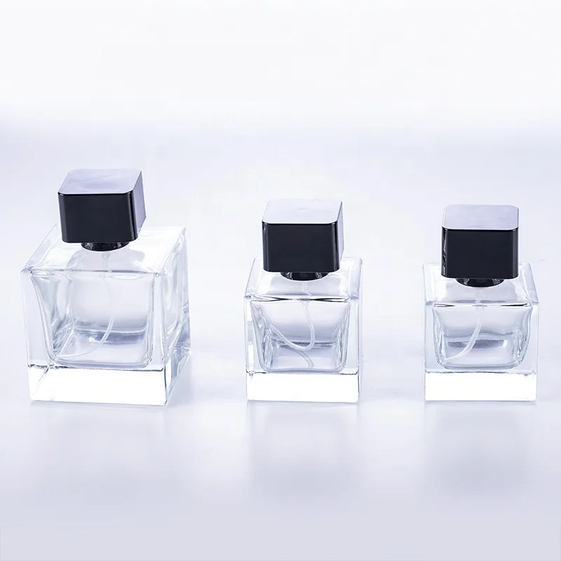 

Clear hot sale popular empty crimp sprayer square shape 50ml cube perfume bottle