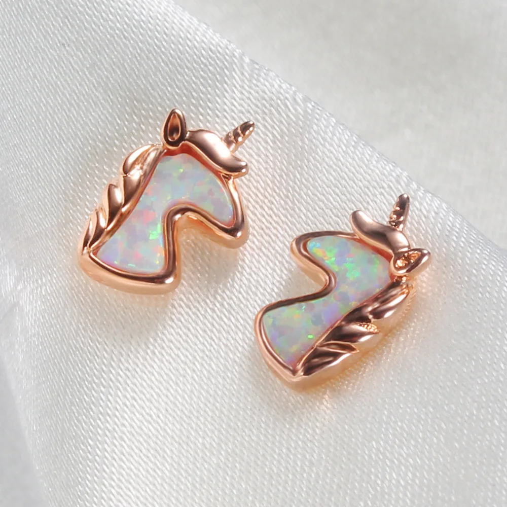 

Cute Accessory Rose Gold Unicorn Animal Opal Stud Earrings Colorful Opal Mini Horse Stud Earrings