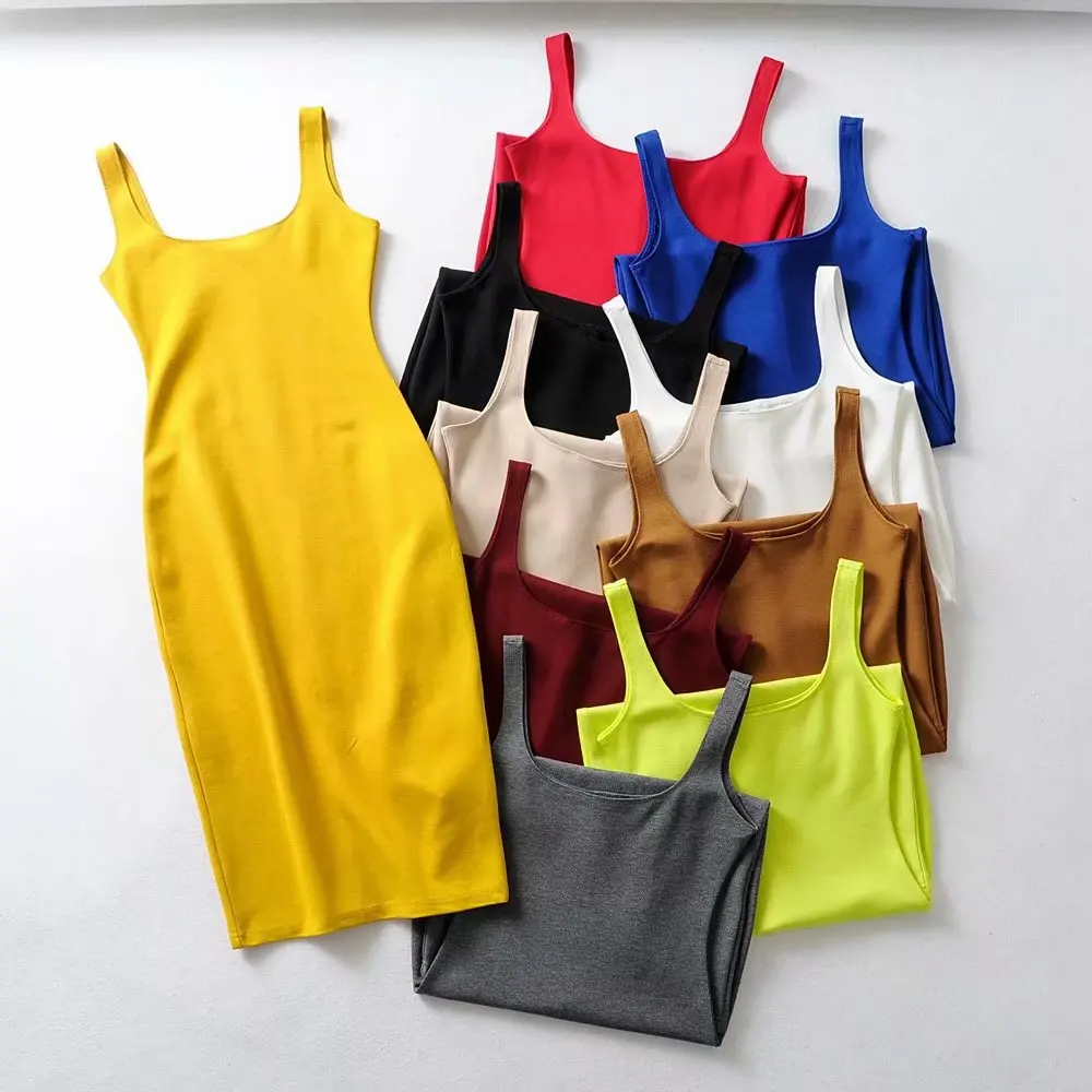 

R40034S Fashion women's solid color slim strap pure color thick sleeveless elegant high split women dress, Black/gray/white/red/wine/yellow/blue/camel/apricot/fluorescent green