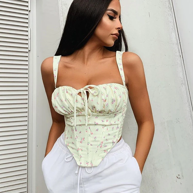 

Floral Corset Women Floral Print Tie Up Sexy Crop Top Summer Ruched Boning Summer Cropped Tank Top