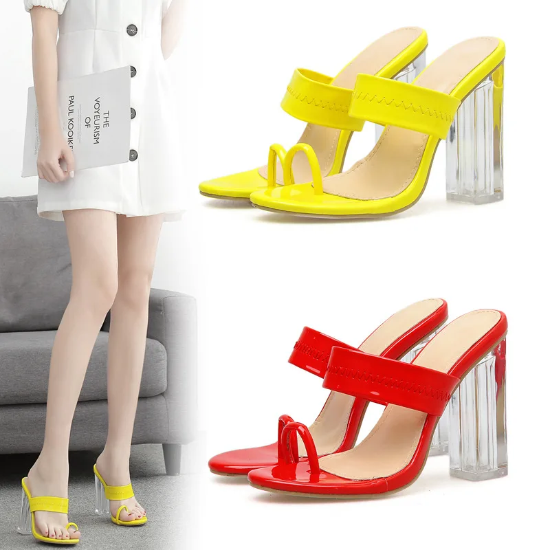 

DEleventh Shoes Woman 2020 New PU Leather Crystal Heel Chunky Toe Sandal Flip Flops Slippers Party Shoes Plus Size 42 Yellow Red