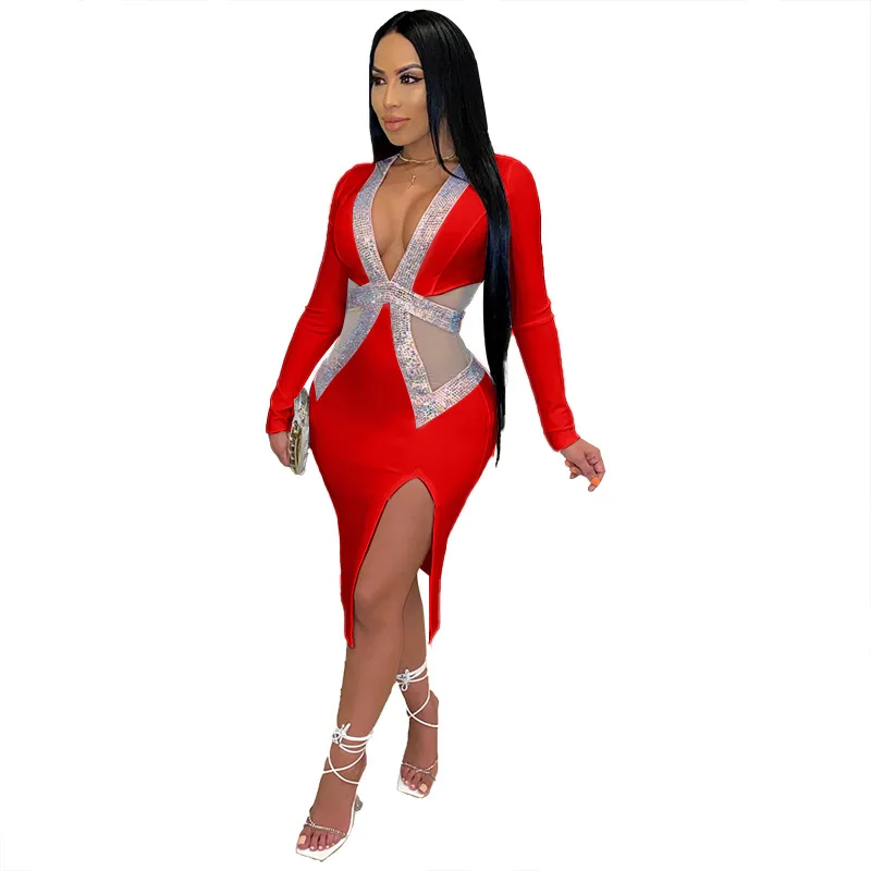 

New Fashion Plus Size Women's Dress Mesh Sexy Deep V Long Sleeve Hollow Out Sequin Evening Dress