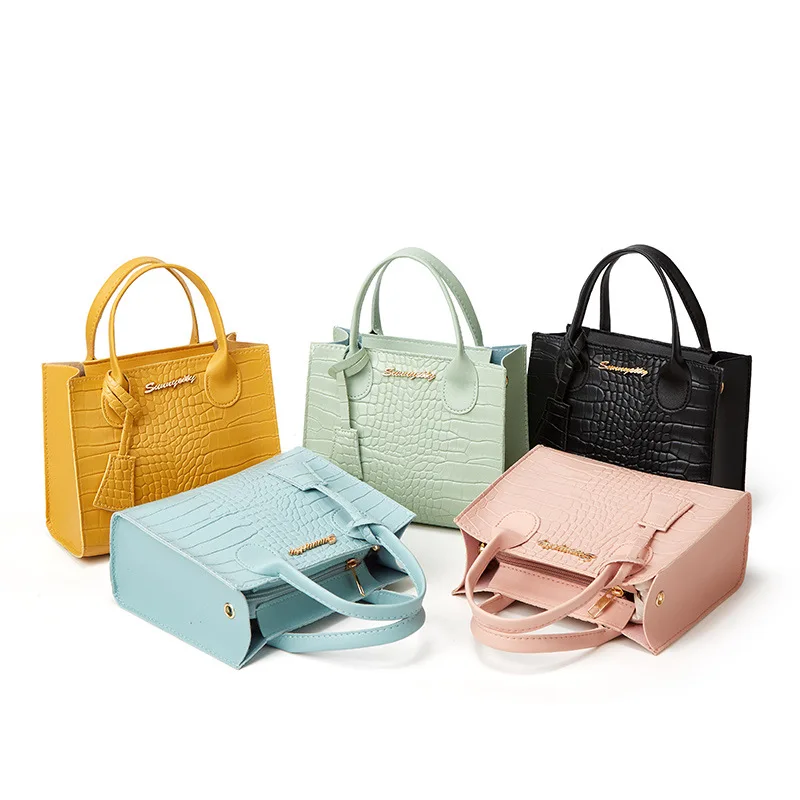 

New product crocodile pattern lettermark candy color pendant with matching color platinum bag women handbags for women, Standard as picture