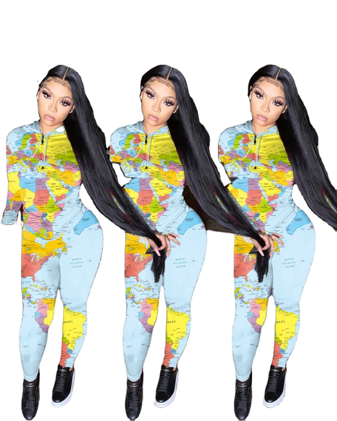 

European and American women's world map printing casual suit two-piece suit NY8025, Picture