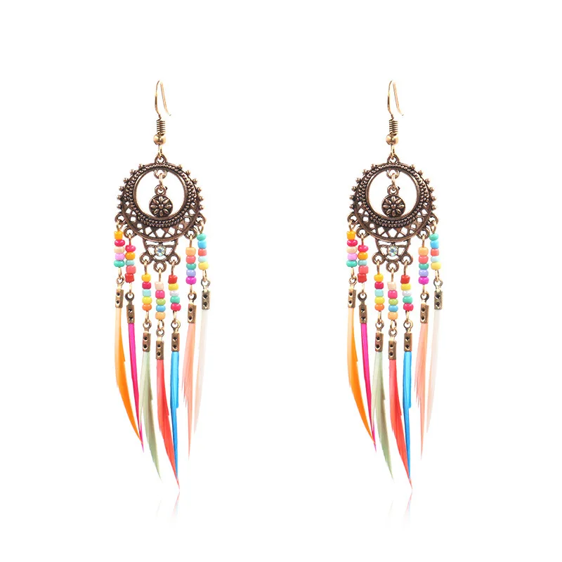 

Artilady Boho Drop Dangle Earring Bohemia Feather Tassel Long Earring For Women Jewelry