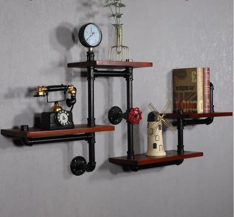 North European Iron Mesh Home Wall Storage Rack With Hook Wood Wall Shelf