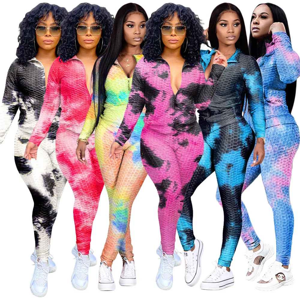 

Ink jacquard tie-dye stand-up collar zipper sweater workout fitness bubble long-sleeve leggings woman yoga two-piece set, Multi color optional