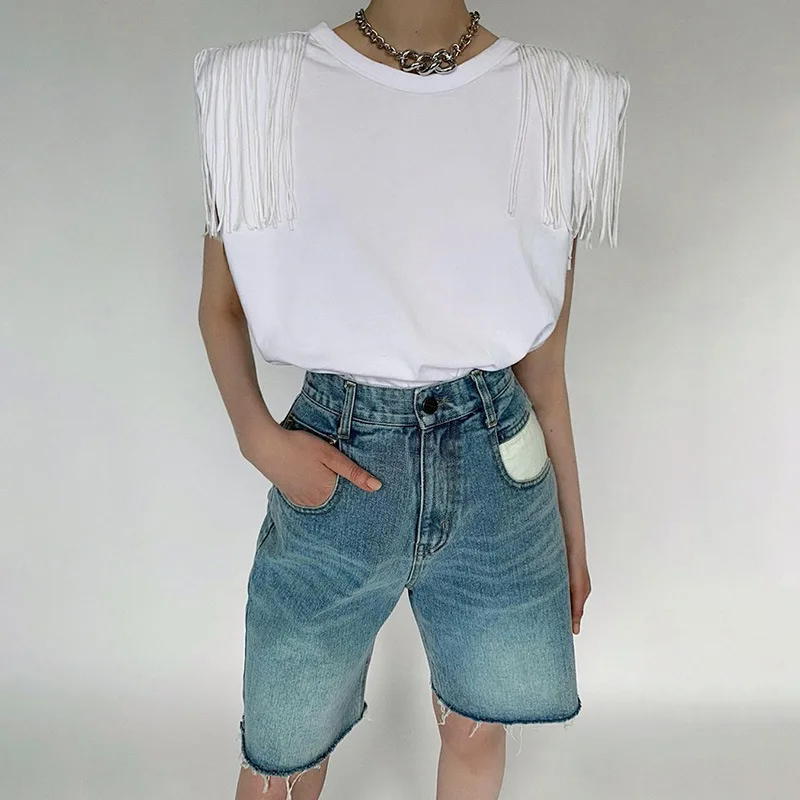 

2021 new arrivals summer wholesale pad shoulder design women casual T-shirts