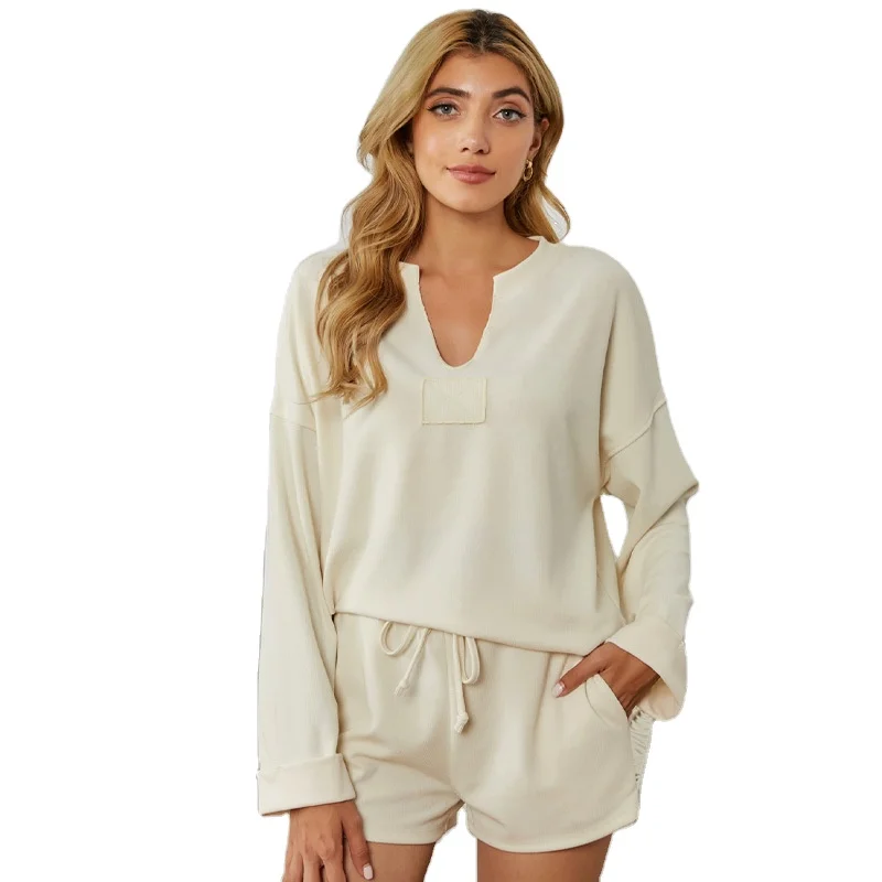 

Women Spring and autumn Sleepwear long sleeve tops and shorts PJ set home wear cotton lounge wear solid color Pajamas
