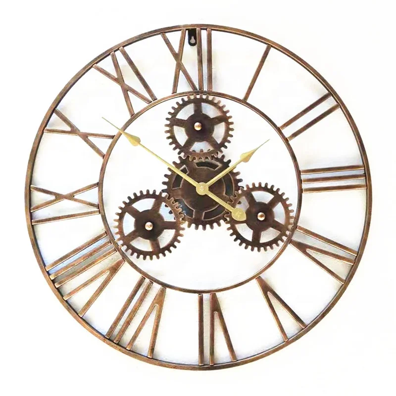 

60cm Large Antique Black Gold Wrought Iron Metal Gear Wall Clock