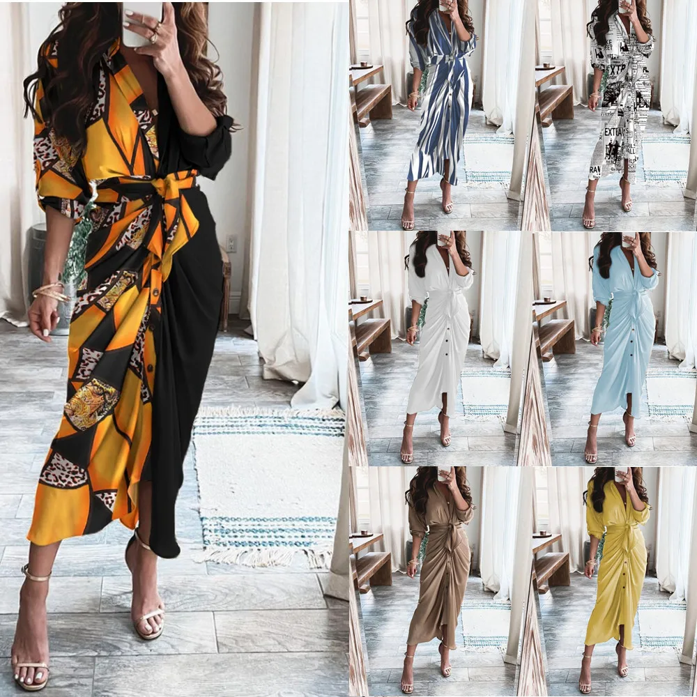 

Manufacturers wholesale new summer long sleeve V-neck button printed dresses and skirts, Picture color