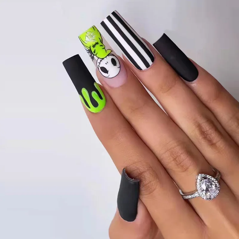 

24pcs press on nail black false nail skeleton print fluorescent green long ballet nail detachable artificial fingernail