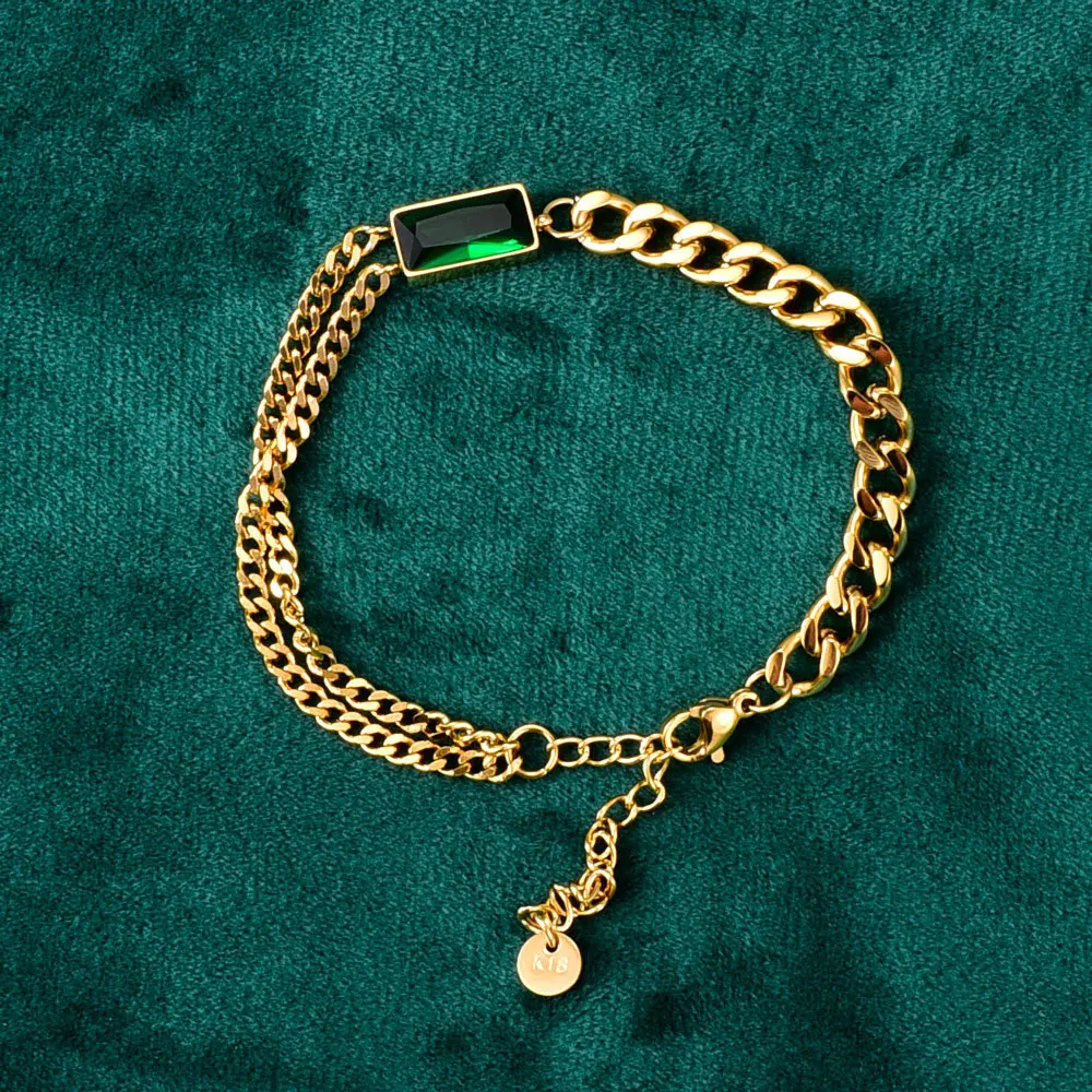 

Luxury Stainless Steel 18k Gold Plating Emerald Zirconia Charm Bracelet Chunky Link Chain Bracelet