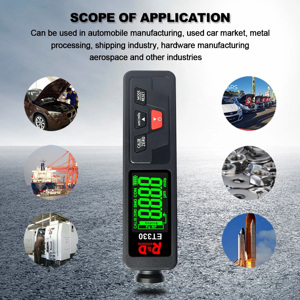 
R&D ET330 car paint coating thickness gauge Fe & NFe probe film thickness tester mini style black shell and green color display 