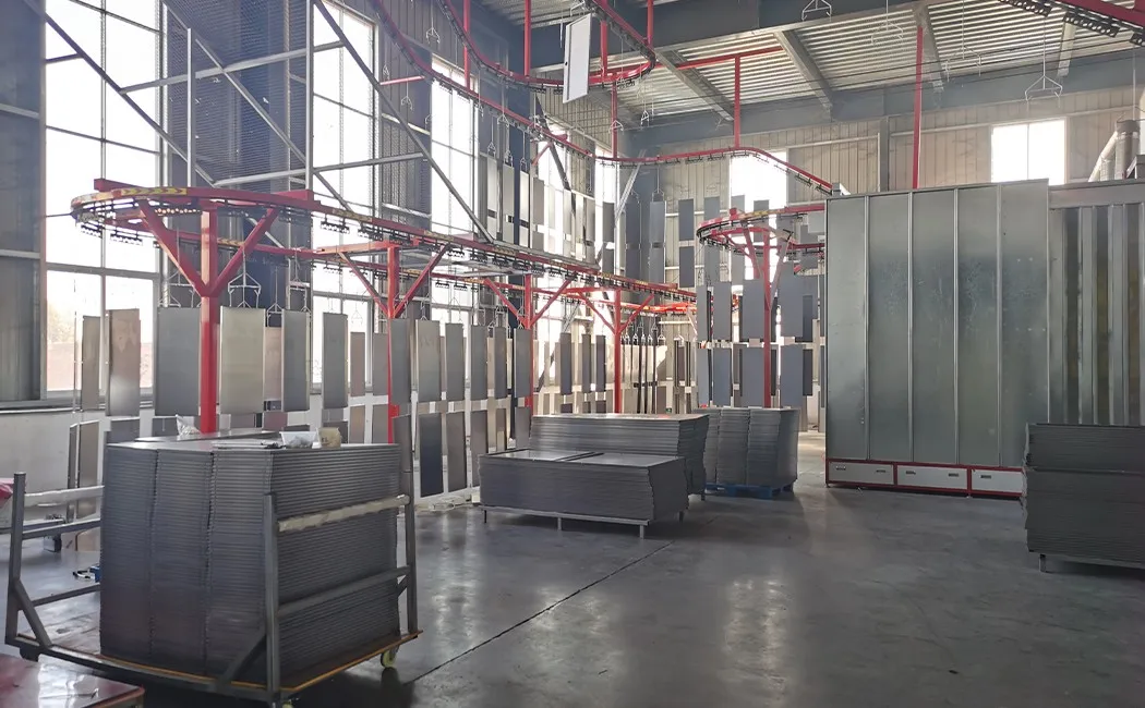 electrostatic powder coating line for steel locker panels — conveyor and spray booth factory photo