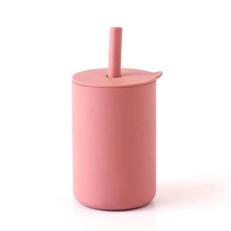 

Factory Direct 2021 Minimalist Reusable Baby Silicone Cup With Straw And Lid for Baby Feeding Training Silicone Products Sippy