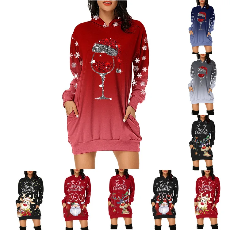 

CHD0006W New Christmas Dress Women Sweatshirt Hip Pocket Print Long Sleeve Xmas Printed Straight Hoodie Dresses