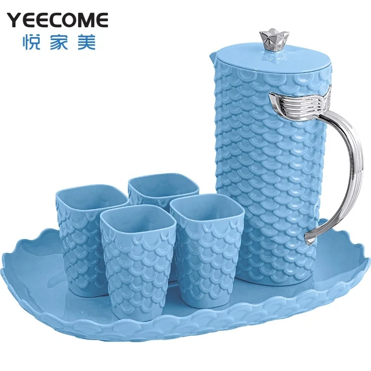 

Own Brand Yeecome Silver Plated Plastic Water Jug Set Blue Fish Scale Water Jug With 4 Cup And Tray