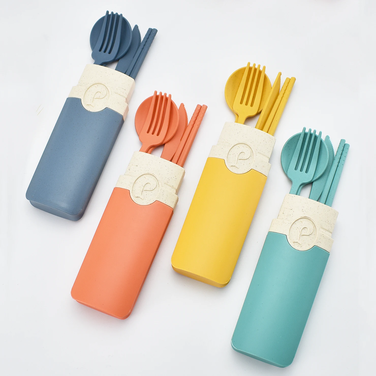 

New Arrival 4Pcs Biodegradable Travel Flatware Set Plastic Knife Fork Spoon and Chopsticks Wheat Straw Portable Cutlery With Box, Blue/green/orange/yellow/custom color