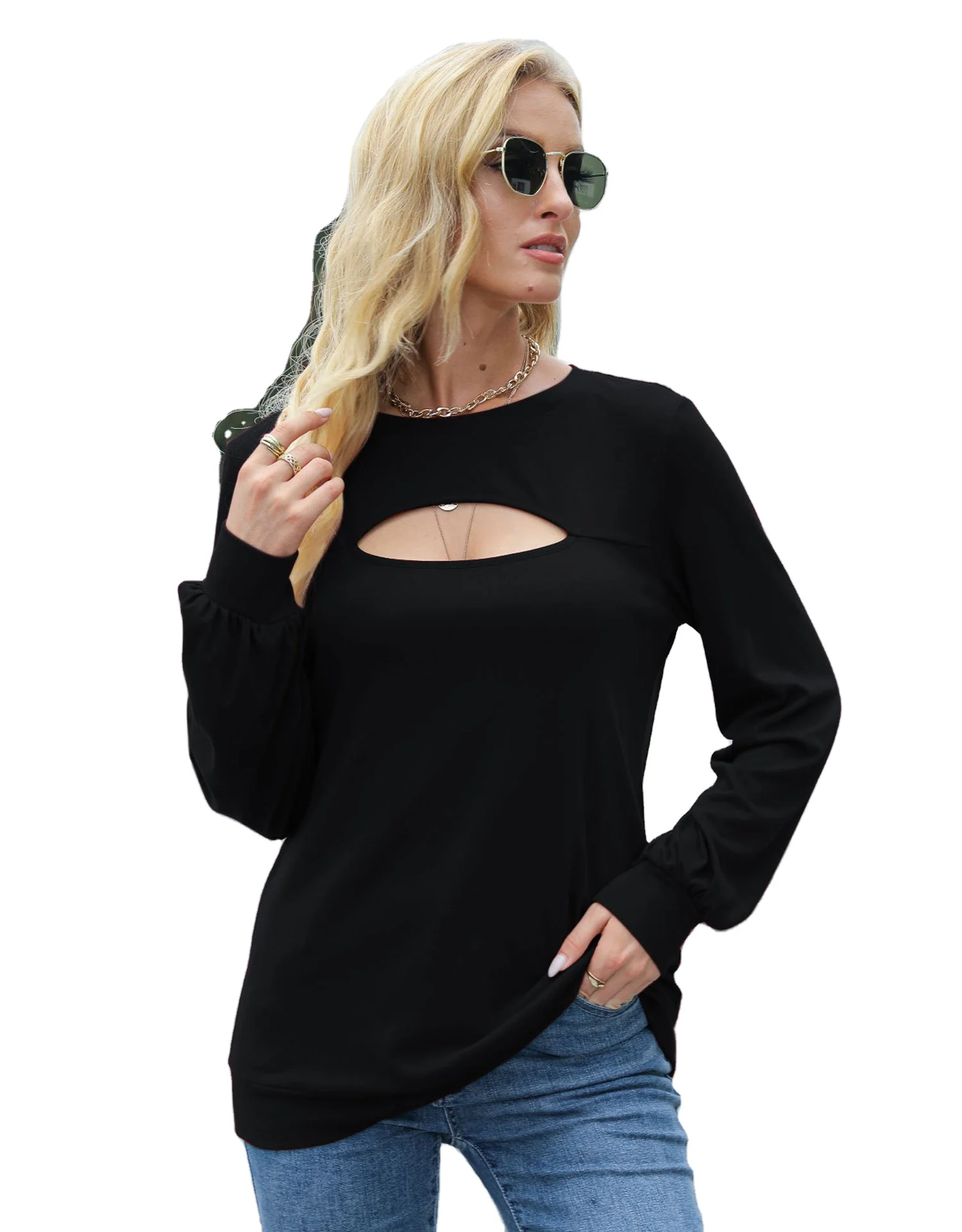 

2021 Explosive Fall Winter New Long Sleeve Hollow Sexy Top Lantern Sleeve T-shirt