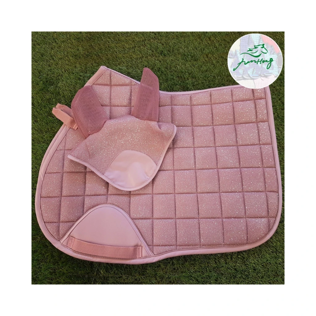 

2021 New arrival Glitter 3D Mesh Dusky Pink Fly Veil Jumping Saddle Pad set