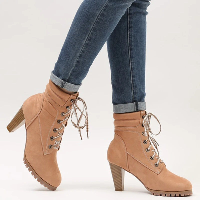 

Suede Elegant Stylish Women Boots Fashion High Heeled Shoes Winter Casual Daily Life OEM Lace Up Customized Logo Ankle Boots