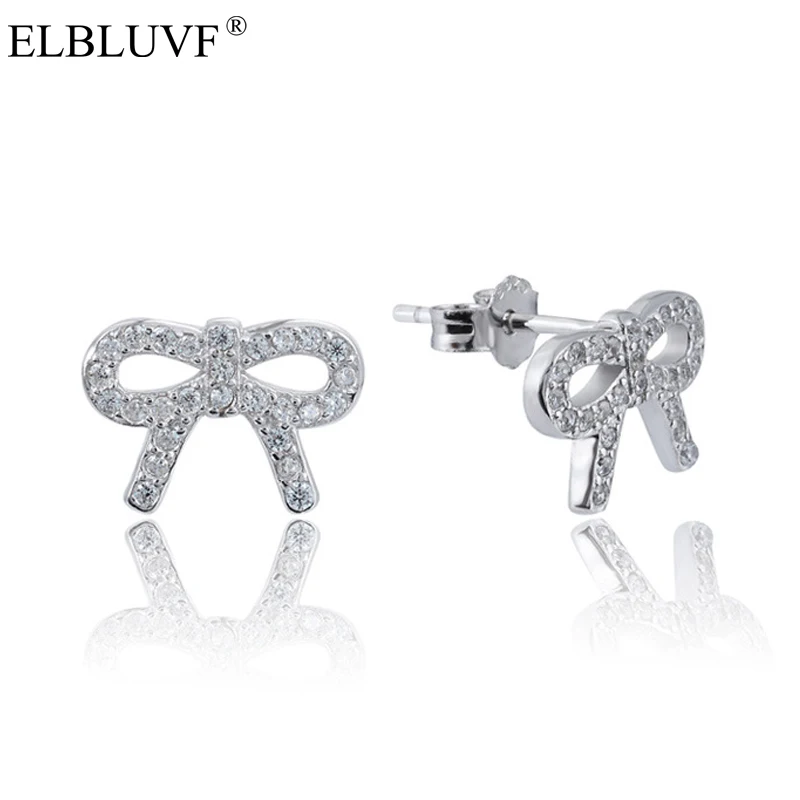 

ELBLUVF Free Shipping S925 Sterling Silver White Zircon Bowknot Bow Tie Earrings For Women