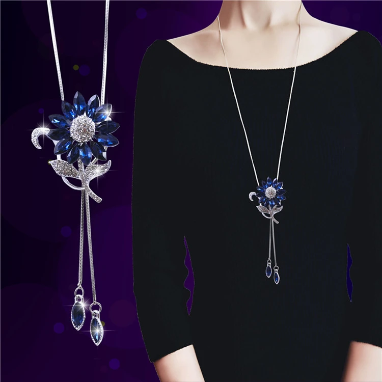 

Sunflower Blue And White Rhinestone Stainless Steel Custom Necklace Jewelry