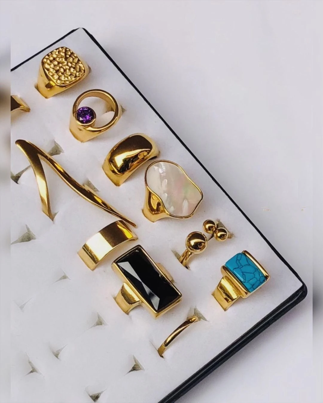 

Gold plated stainless steel Irregular geometric shapes gemstone shells rings