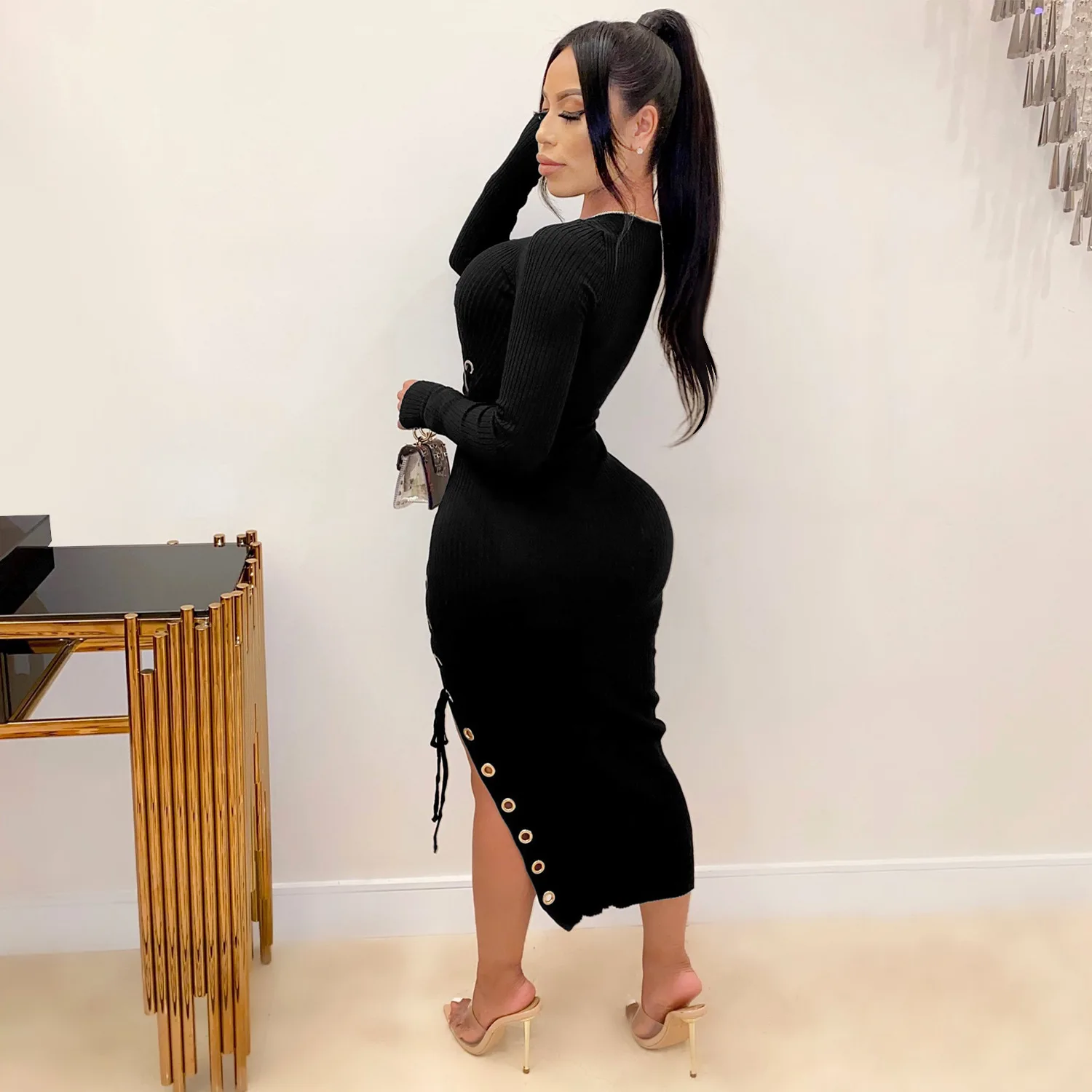 

s316a 2020 winter women sexy black long dress, Orange